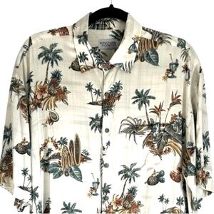 Windham Pointe Tropical Print Button Down Shirt Palm Trees Pineapples Surf Board